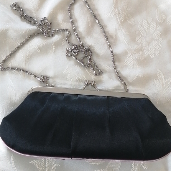 NWOT, black clutch with pink piping and silver colored chain shoulder strap - Picture 2 of 10